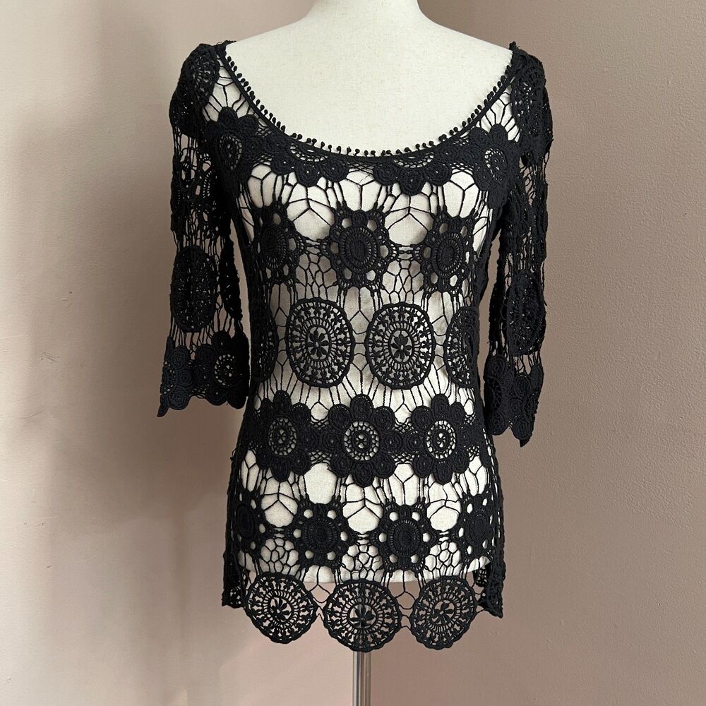 Whimsigoth BCBG MaxAzria Black‎ Crochet Lace Top Boho Festival Edgy Romantic S/M